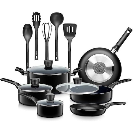 Serenelife Kitchenware Pots & Pans Set - Basic Kitchen Cookware, Black Non-Stick Coating Inside, Heat Resistant SLCW15BLK